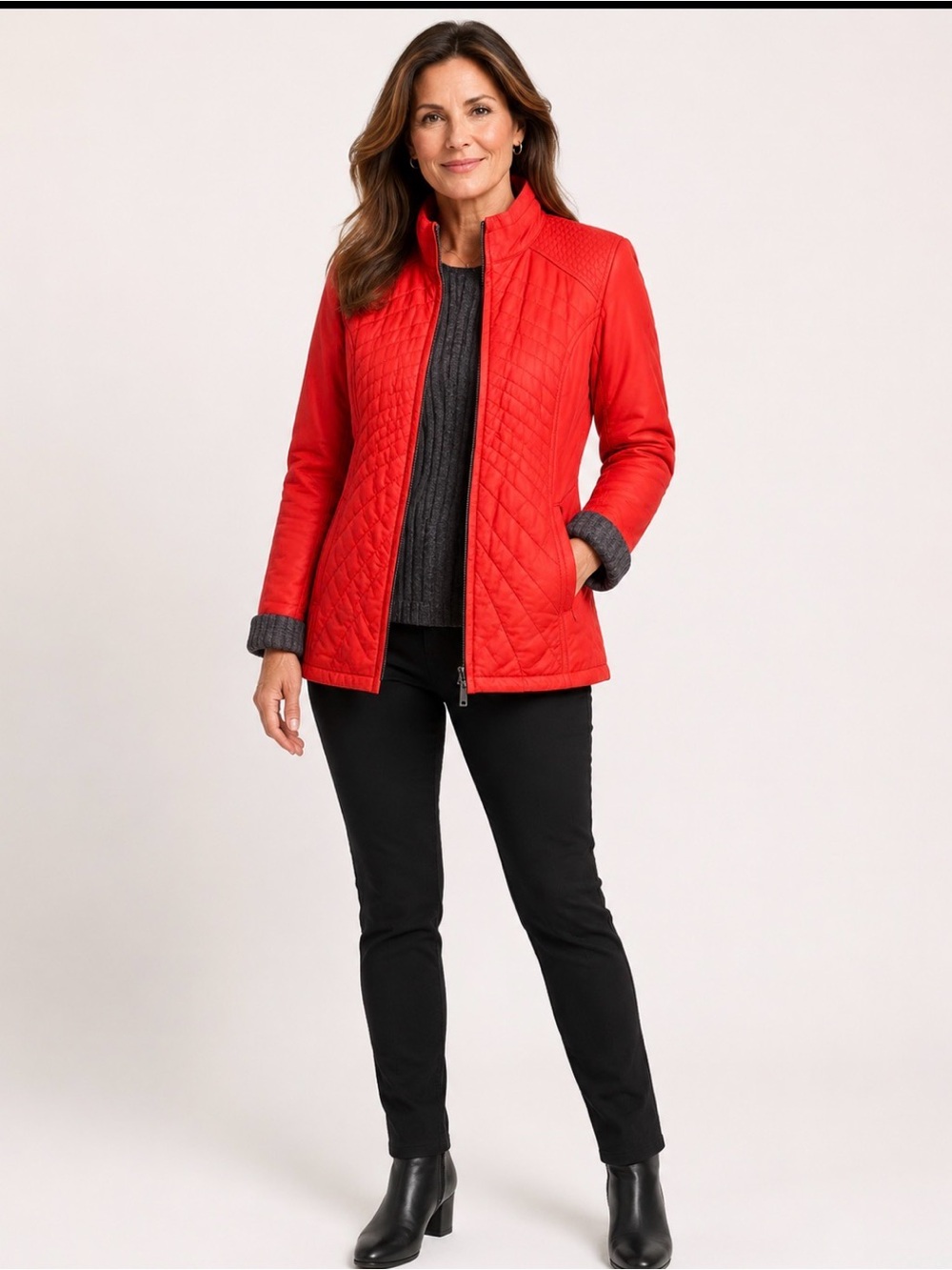 Women’s Leather Quilted Red Jacket - Lightweight Stand Collar